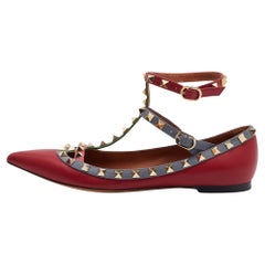 Valentino Red Leather Rockstud Ankle Strap Ballet Flats Size 37.5