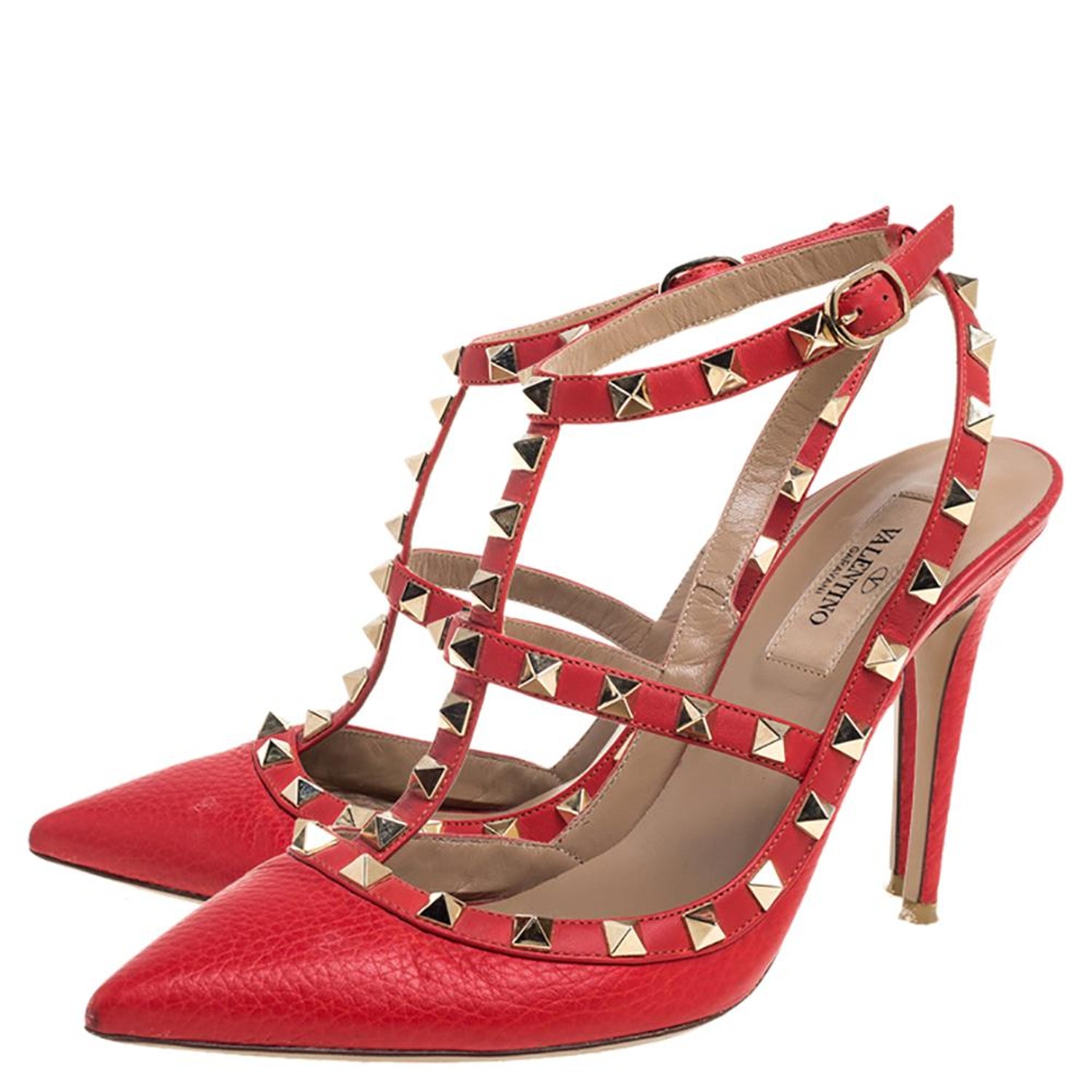 Valentino Red Leather Rockstud Ankle Strap Caged Sandals Size 38 at 1stDibs