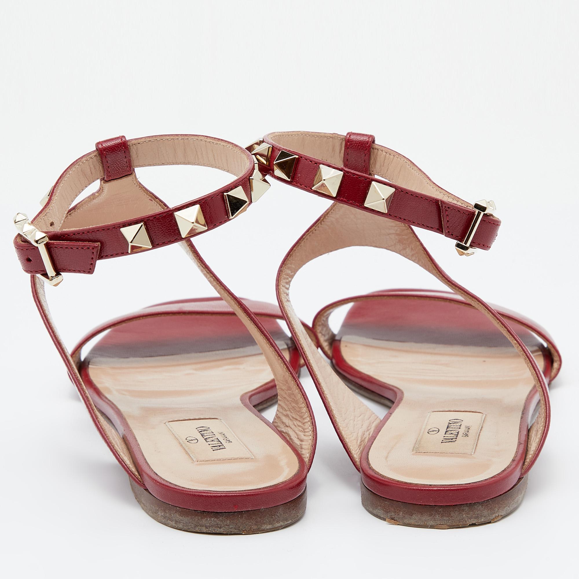 Valentino Red Leather Rockstud Ankle Strap Flat Sandals Size 37 1