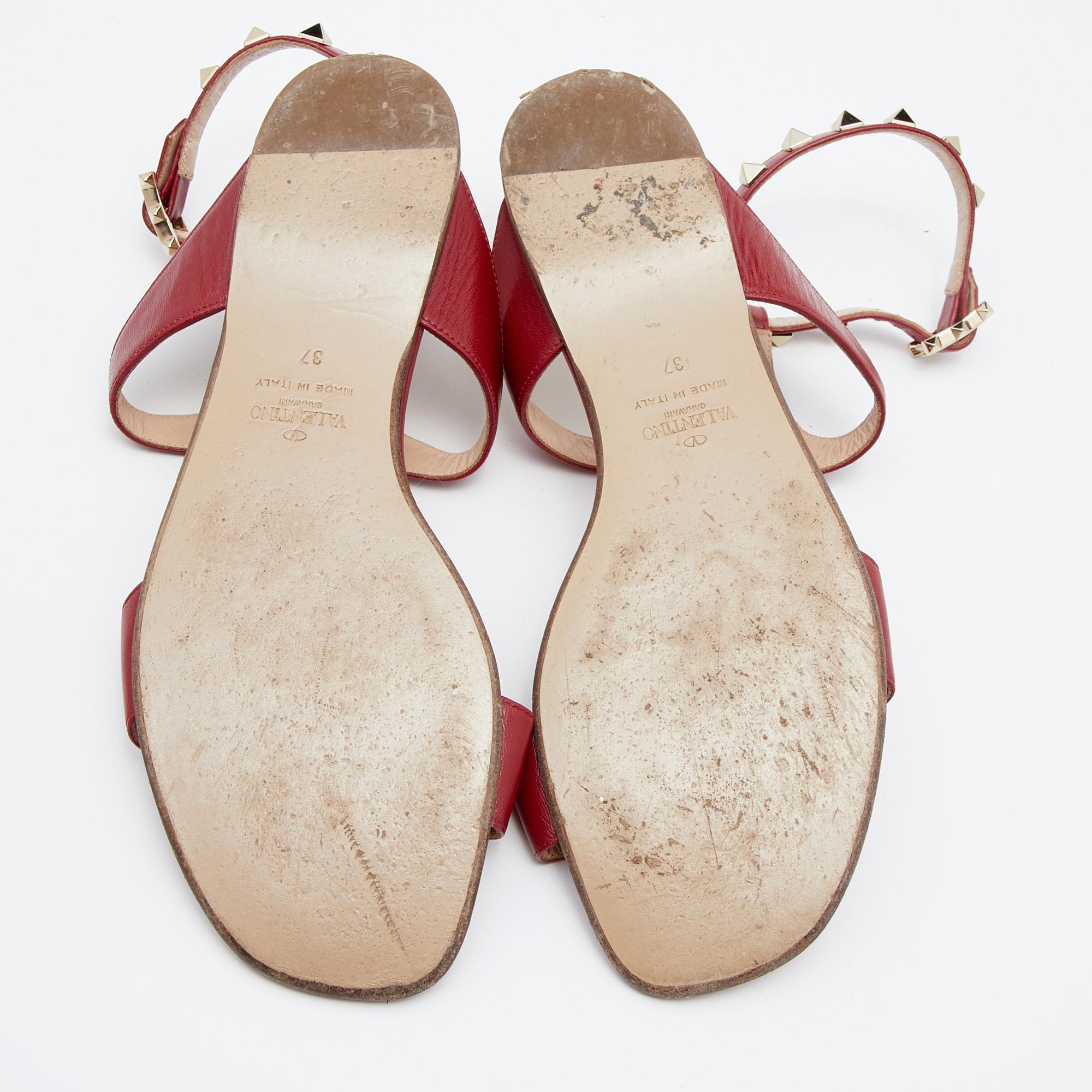 Valentino Red Leather Rockstud Ankle Strap Flat Sandals Size 37 3