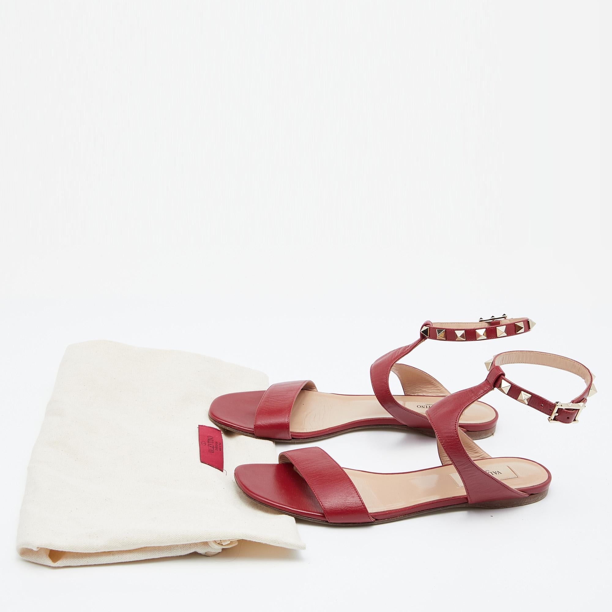 Valentino Red Leather Rockstud Ankle Strap Flat Sandals Size 37 4