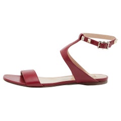 Valentino Red Leather Rockstud Ankle Strap Flat Sandals Size 37