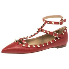 Valentino Red Leather Rockstud Ankle Strap Pointed Toe Ballet Flats Size 38.5