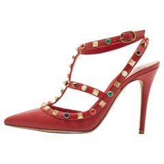 Valentino Red Leather Rockstud Ankle Strap Pumps Size 36