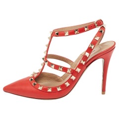 Valentino Red Leather Rockstud Ankle-Strap Pumps Size 37