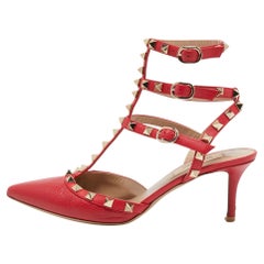 Valentino Red Leather Rockstud Ankle Strap Pumps Size 37