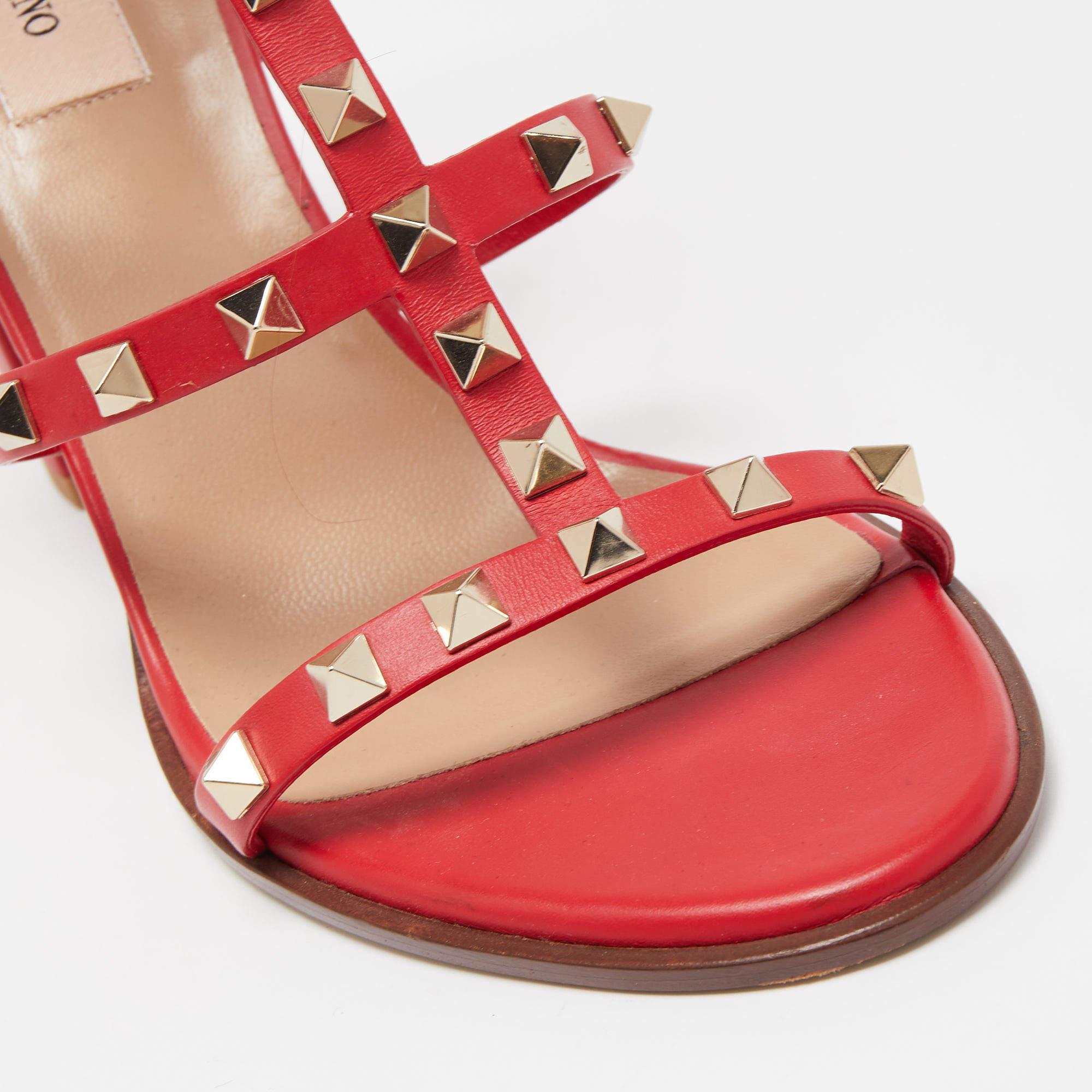 Valentino Red Leather Rockstud Ankle Strap Sandals  1