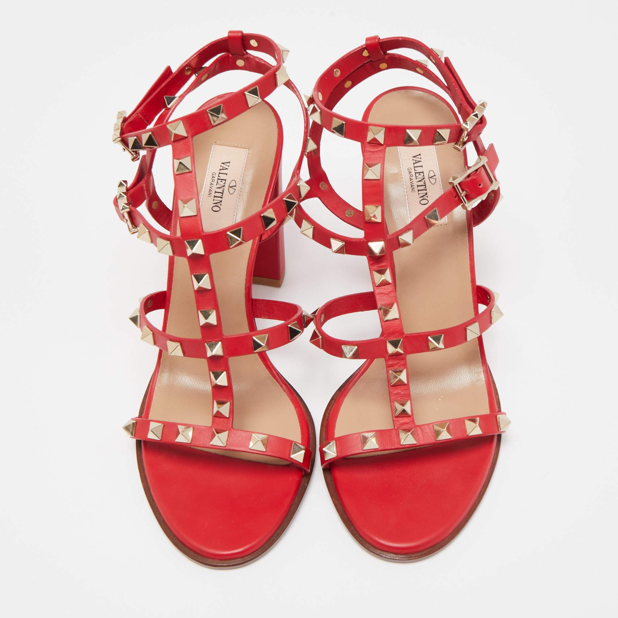 Valentino Red Leather Rockstud Ankle Strap Sandals  2