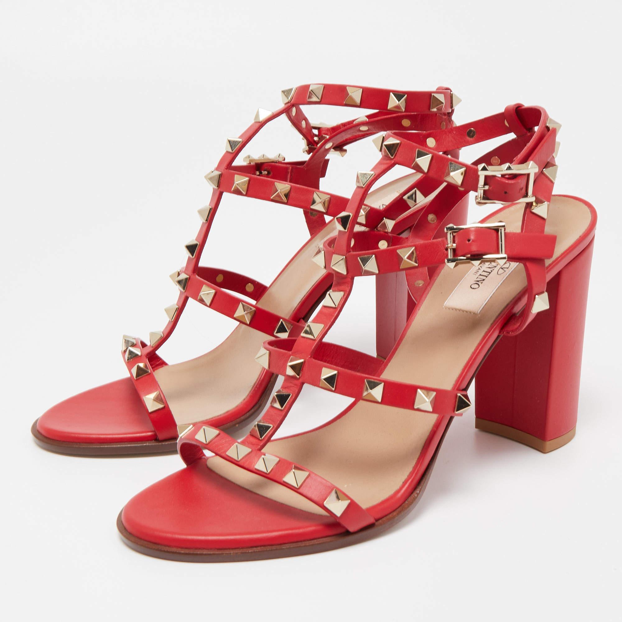 Valentino Red Leather Rockstud Ankle Strap Sandals  3