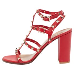 Valentino Red Leather Rockstud Ankle Strap Sandals 