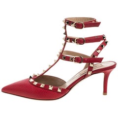Valentino Red Leather Rockstud Ankle Strap Sandals Size 38