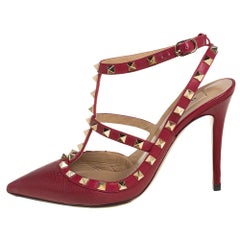 Valentino Red Leather Rockstud Ankle Strap Sandals Size 39