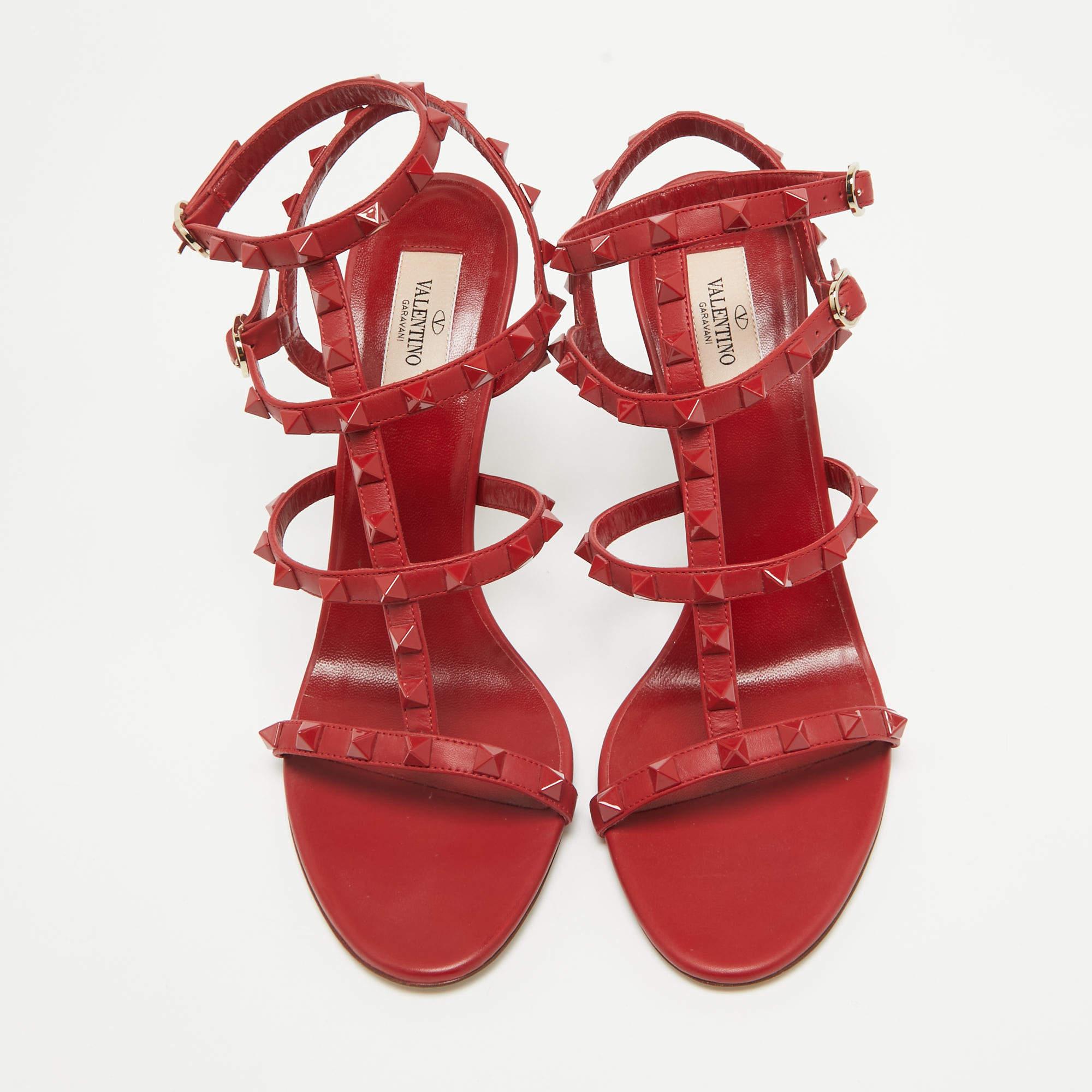 Brown Valentino Red Leather Rockstud Ankle Strap Sandals Size 39.5