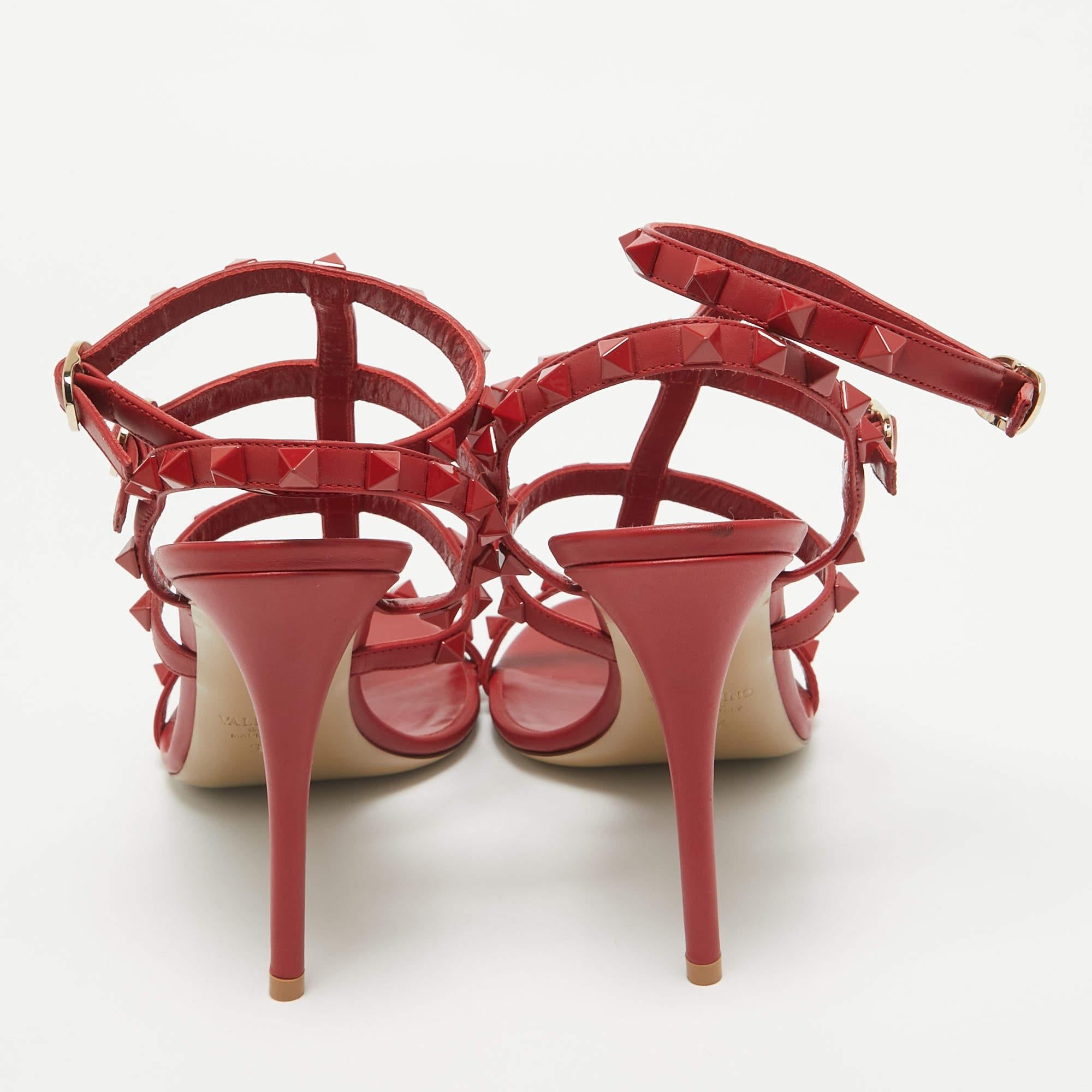 Women's Valentino Red Leather Rockstud Ankle Strap Sandals Size 39.5