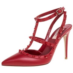 Valentino Red Leather Rockstud Ankle Strappy Sandals Size 40