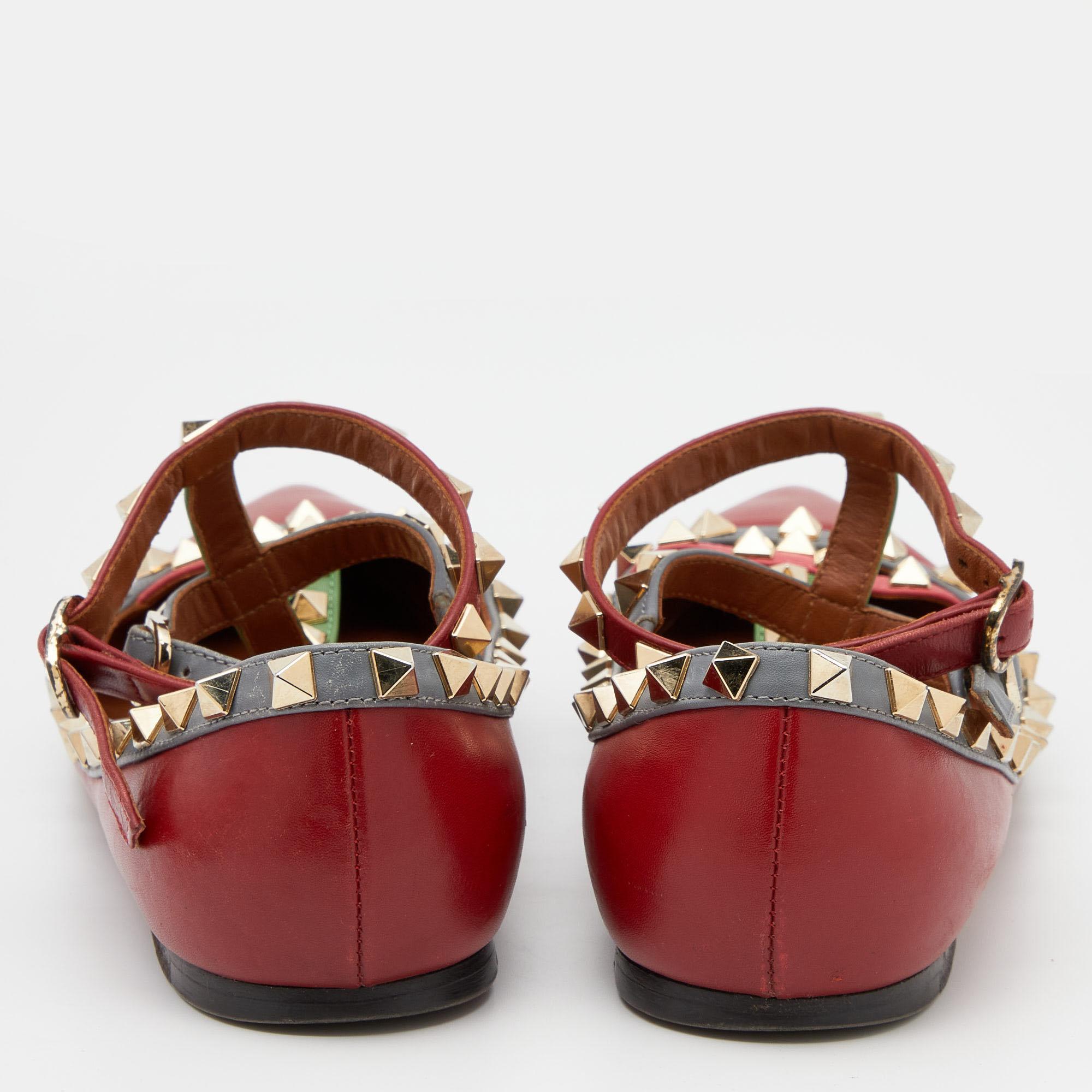 Valentino Red Leather Rockstud Caged Ankle Cuff Ballet Flats Size 35.5 1