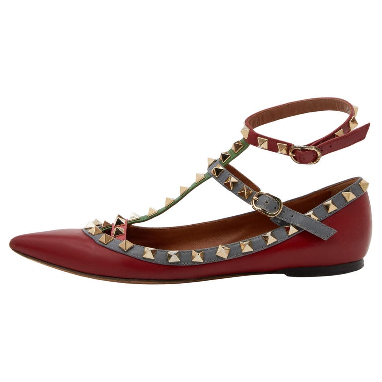 Valentino Red Leather Rockstud Caged Ankle Cuff Ballet Flats Size 35.5 For  Sale at 1stDibs