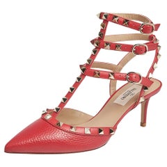 Valentino Red Leather Rockstud Caged Ankle Strap Pumps Size 36