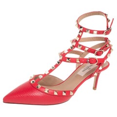 Valentino Red Leather Rockstud Caged Pointed-Toe Pumps Size 36