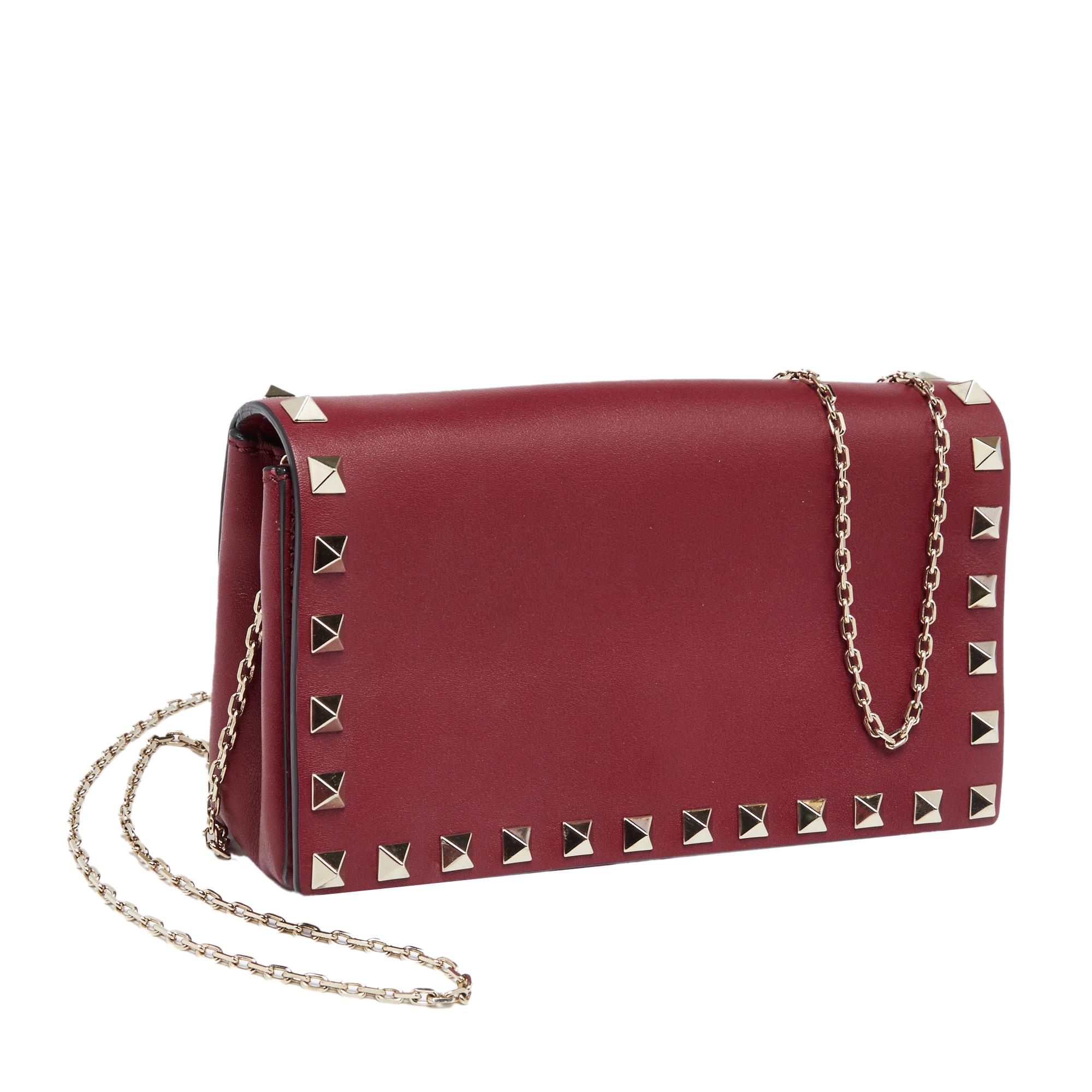 Brown Valentino Red Leather Rockstud Chain Clutch Bag