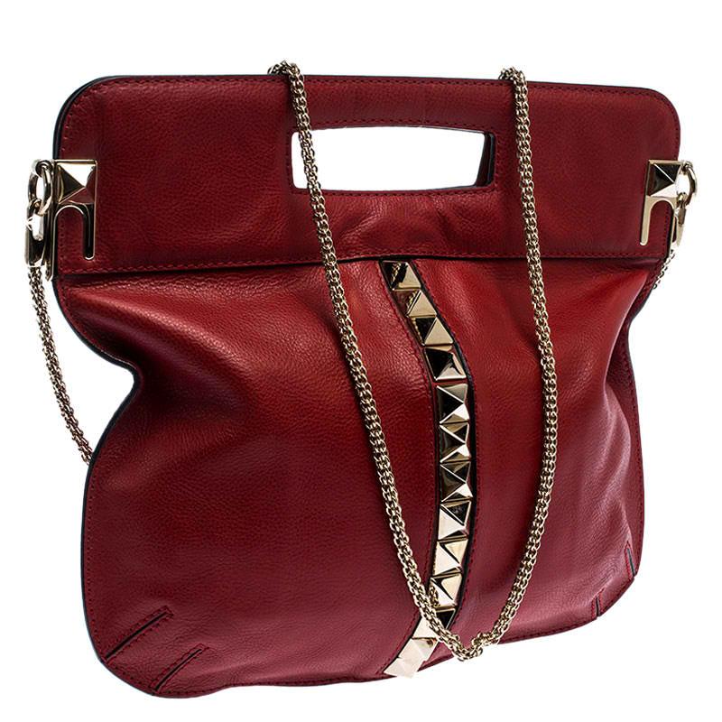 Women's Valentino Red Leather Rockstud Chain Hobo