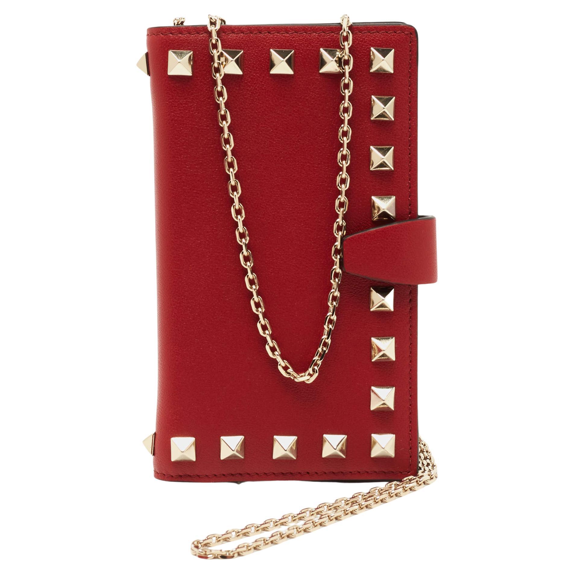 Valentino Red Leather Rockstud Chain Phone Case