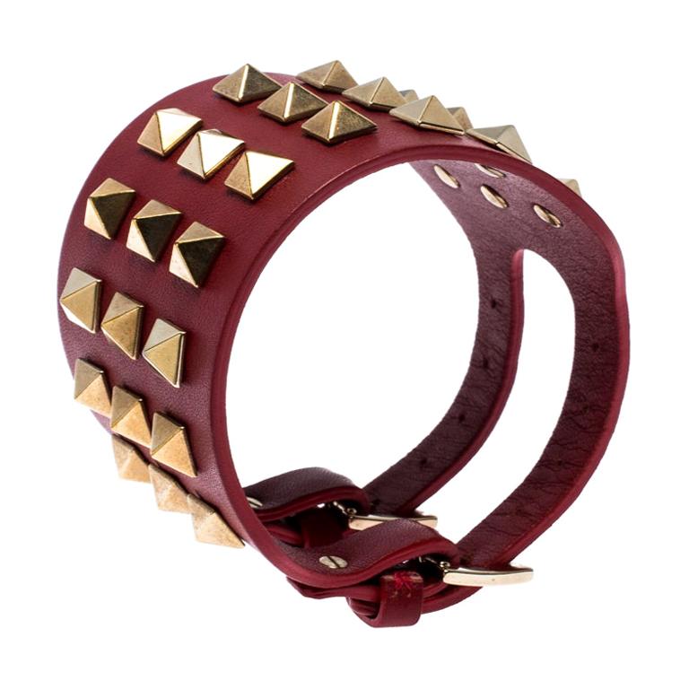 Valentino Red Leather Rockstud Cuff Bracelet For Sale at 1stDibs