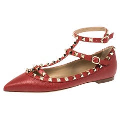 Valentino Red Leather Rockstud Embellished Ankle Strap Pointed Toe Ballet Flats 