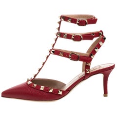 Valentino Red Leather Rockstud Embellished Pointed Toe Ankle Strap Sandals Size 