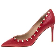 Valentino Red Leather Rockstud Embellished Pointed Toe Pumps Size 38