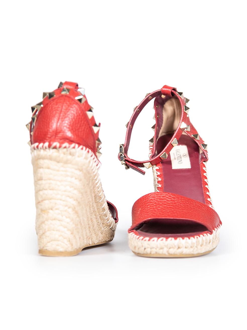 Valentino Red Leather Rockstud Espadrille Wedges Size IT 37 In Good Condition For Sale In London, GB