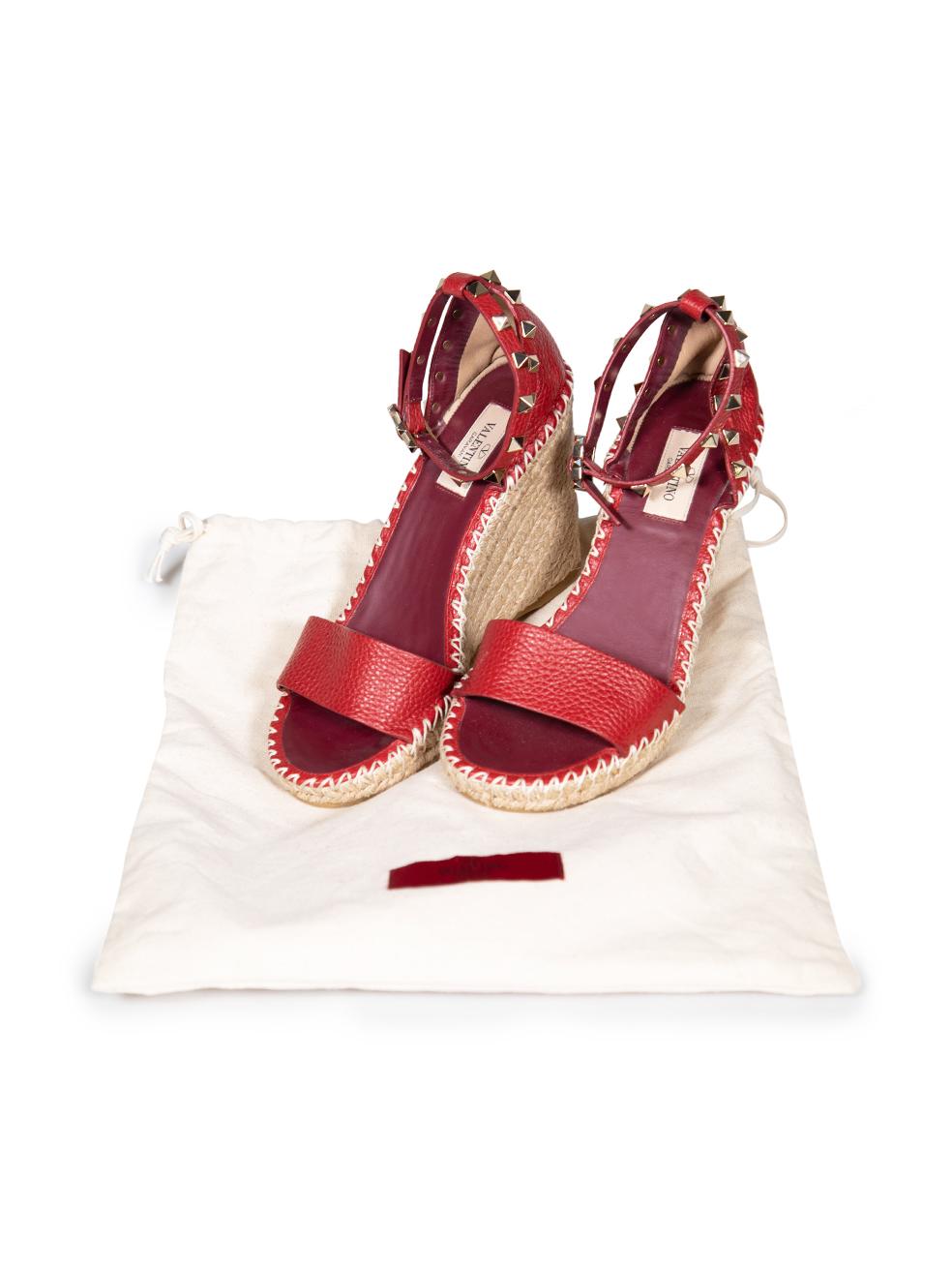 Valentino Red Leather Rockstud Espadrille Wedges Size IT 37 For Sale 1