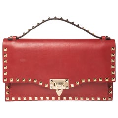 Valentino Red Leather Rockstud Flap Clutch Bag