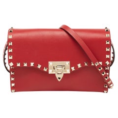 Valentino Red Leather Rockstud Flip Lock Flap Shoulder Bag