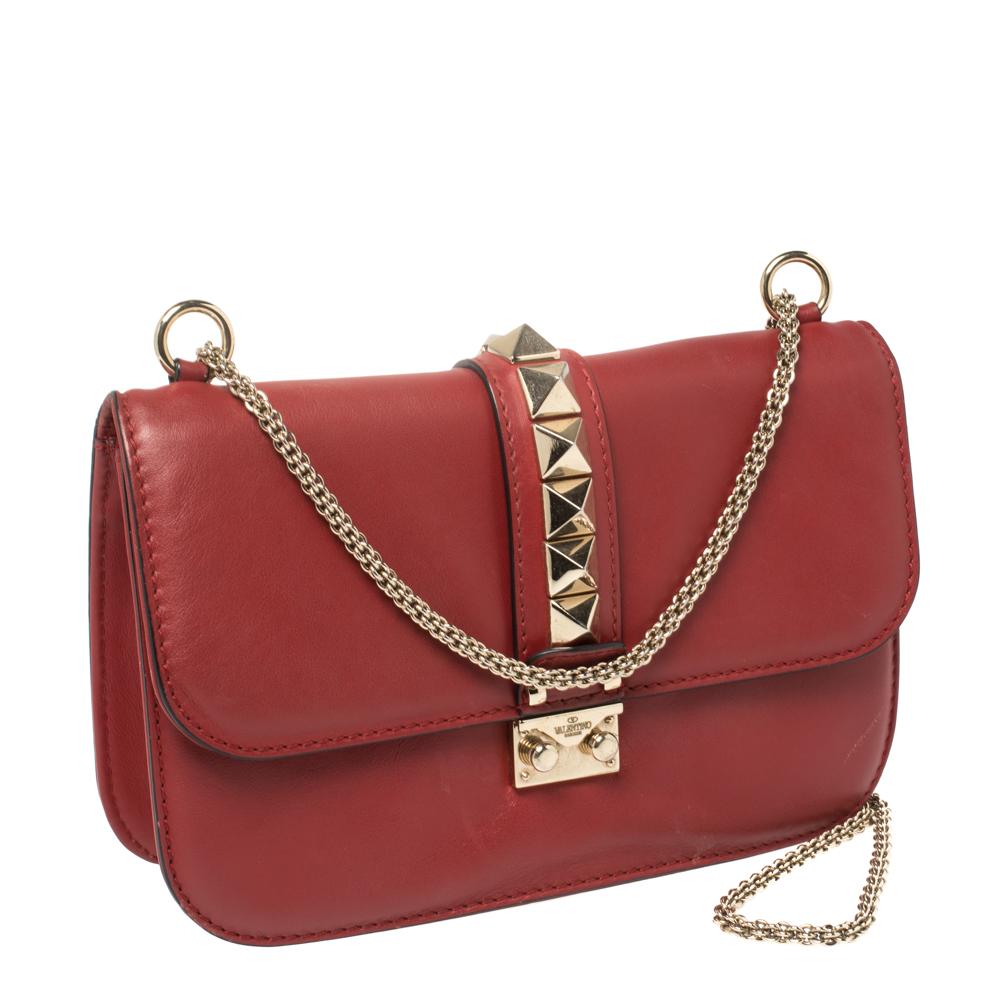 Brown Valentino Red Leather Rockstud Medium Glam Lock Flap Bag