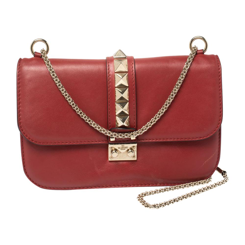 Valentino Red Leather Rockstud Medium Glam Lock Flap Bag