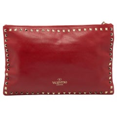 Valentino Red Leather Rockstud Oversized Top Zip Pouch