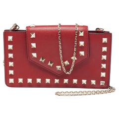 Valentino Red Leather Rockstud Phone Case Chain Bag