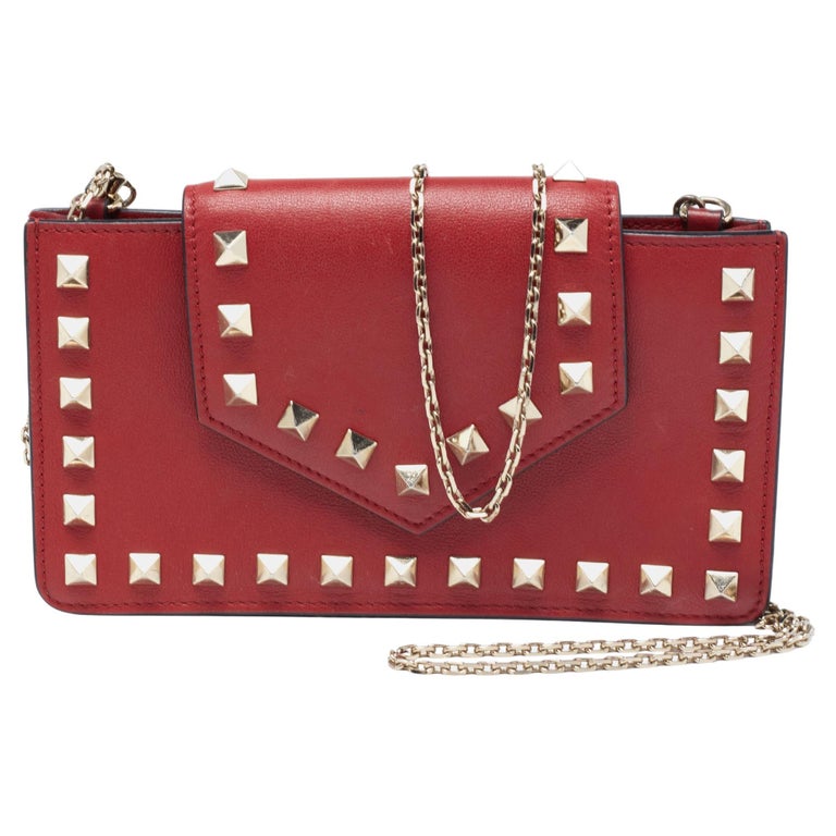 Valentino Red Leather Rockstud Phone Case Chain Bag For Sale at 1stDibs