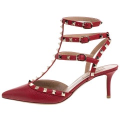 Valentino Red Leather Rockstud Pointed Toe Ankle Strap Sandals Size 38.5