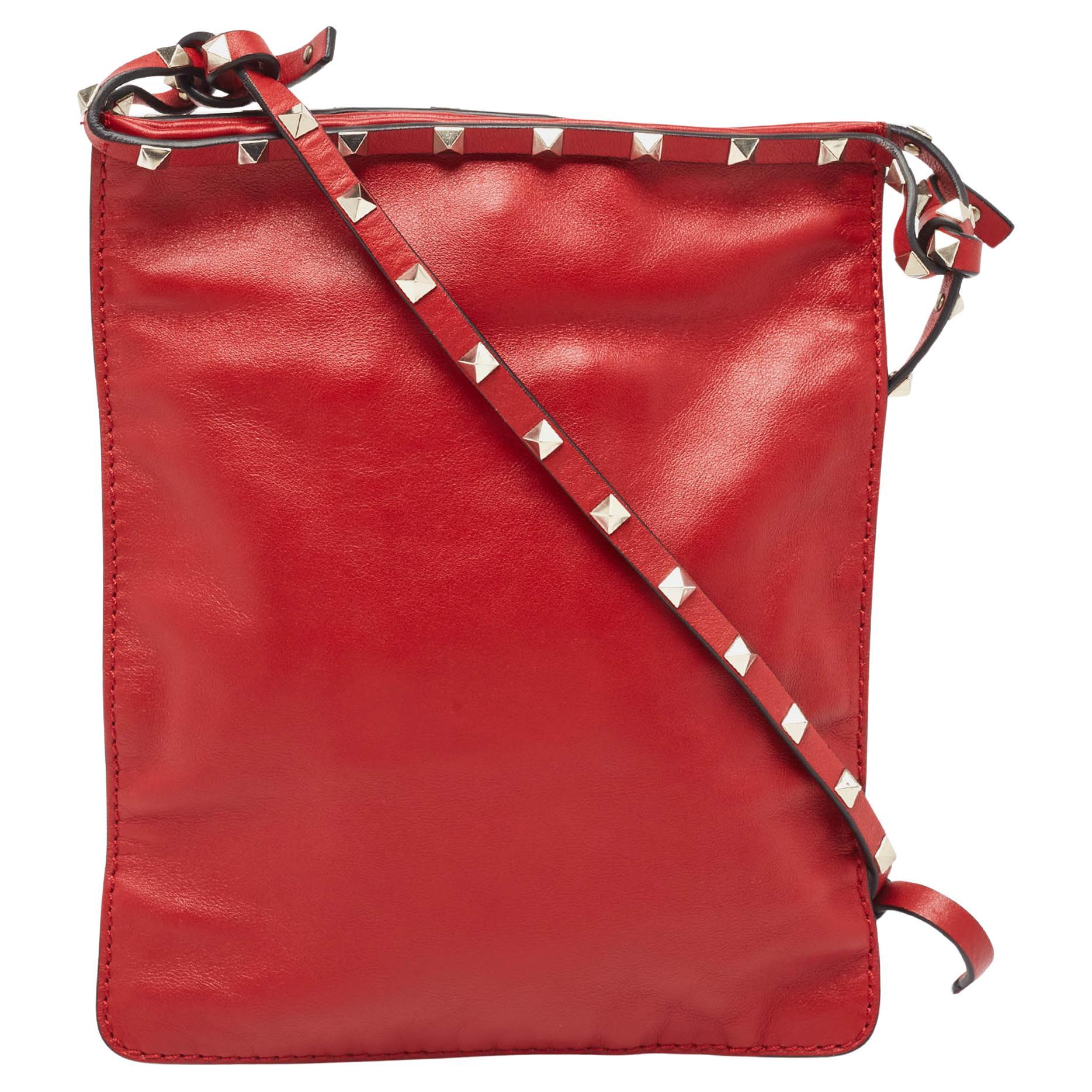 Valentino Red Leather Rockstud Slim Crossbody Bag For Sale