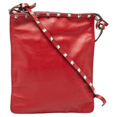 Used Valentino Red Leather Rockstud Slim Crossbody Bag