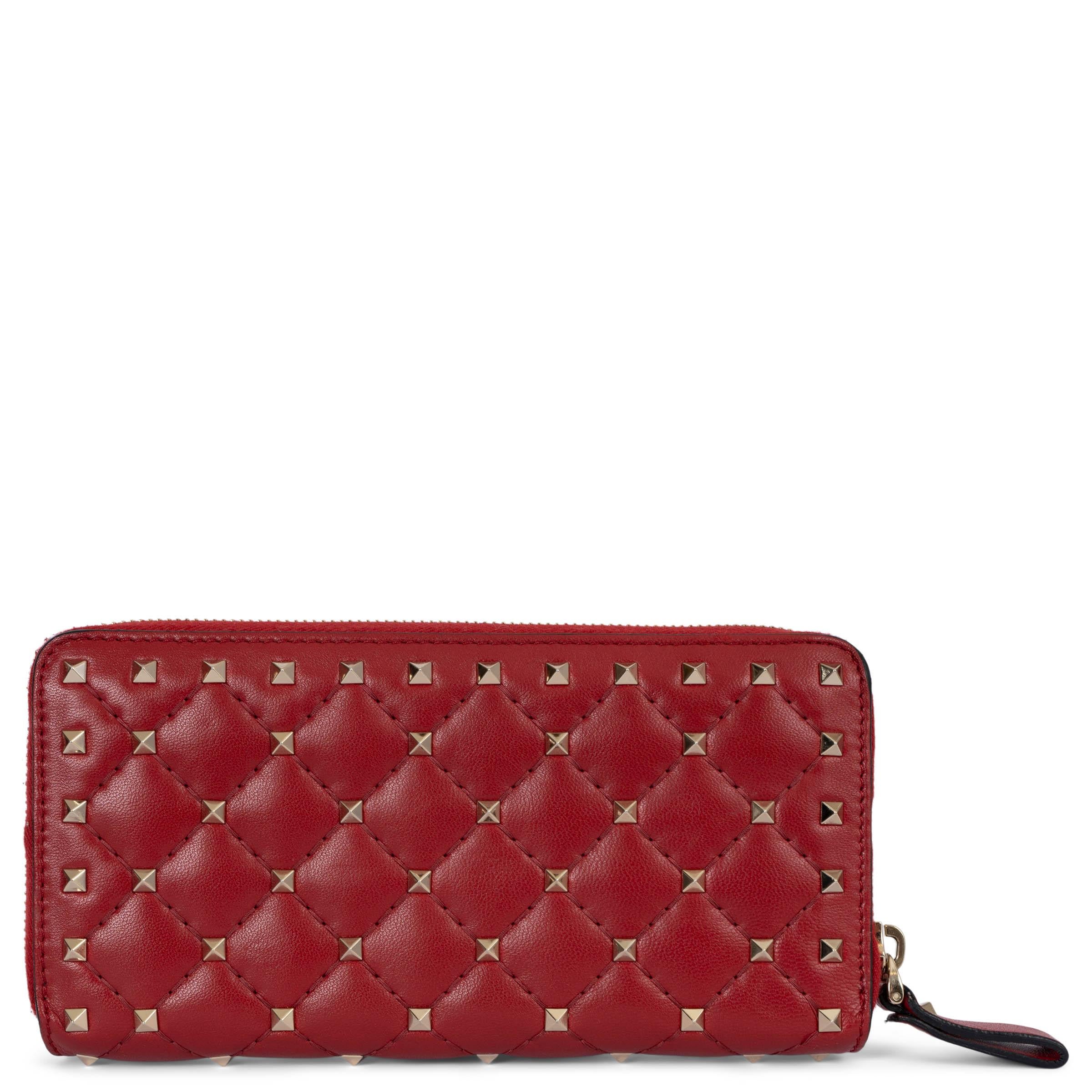 Red VALENTINO red leather ROCKSTUD SPIKE Continental Zip Wallet For Sale
