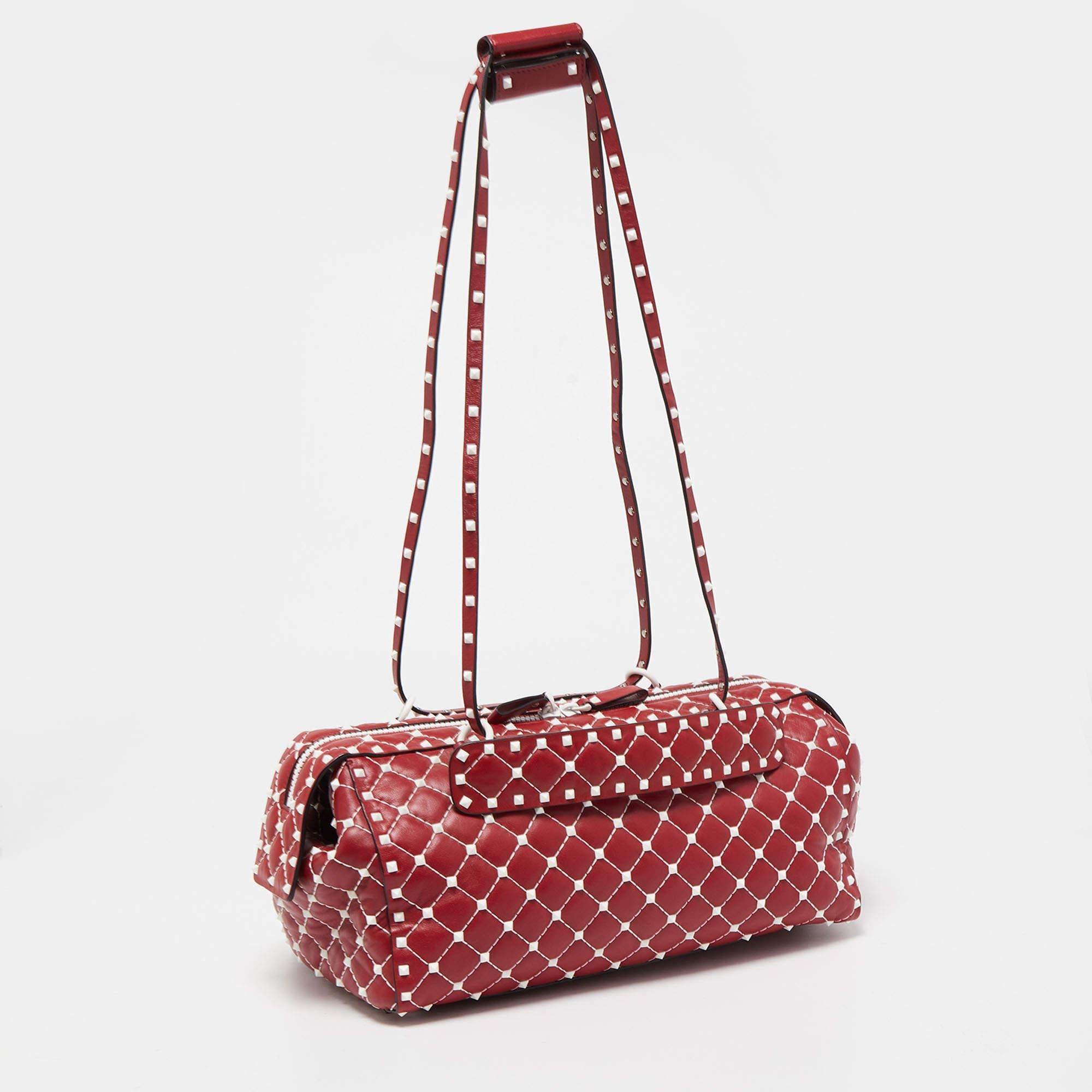 Brown Valentino Red Leather Rockstud Spike Duffel Bag For Sale