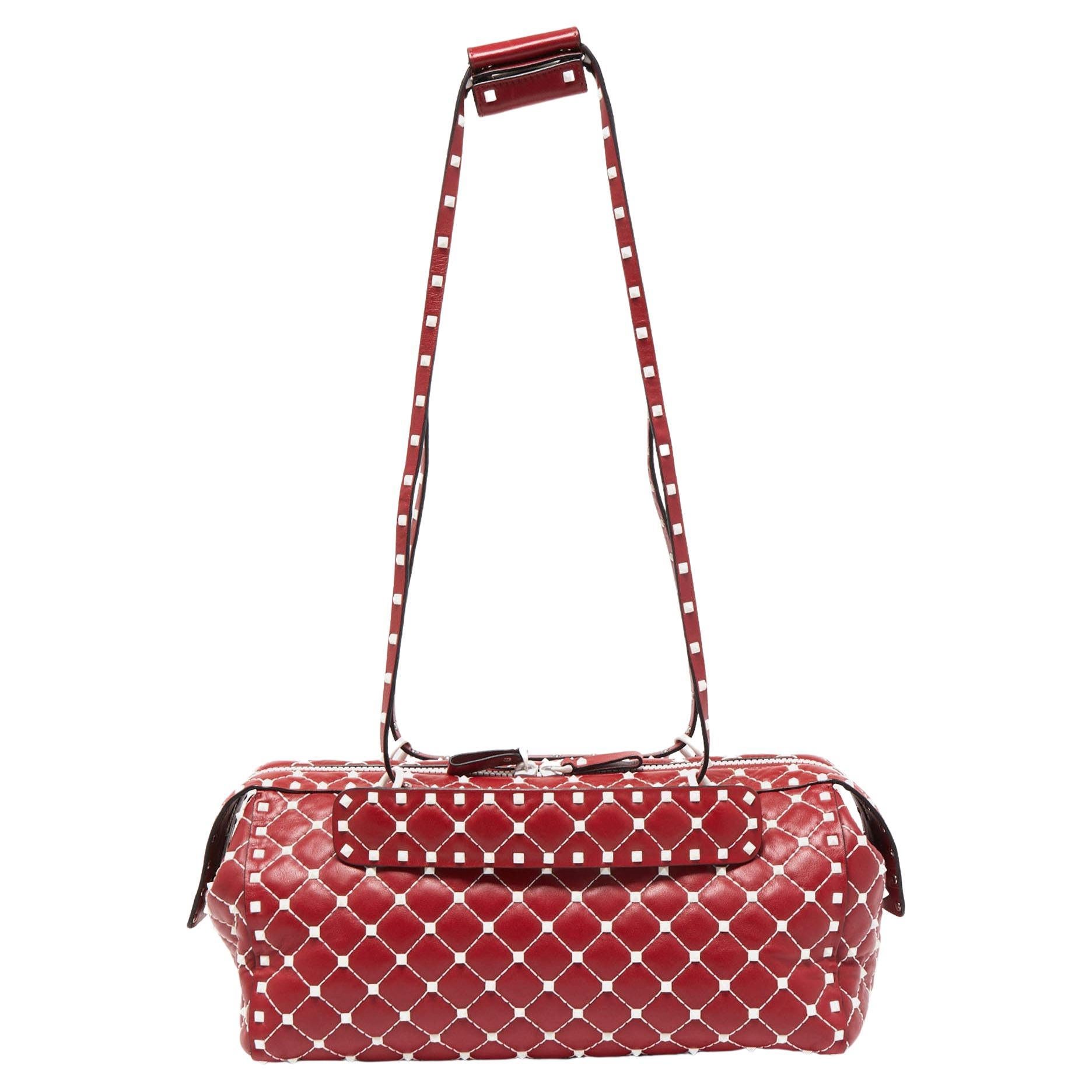 Valentino Red Leather Rockstud Spike Duffel Bag For Sale