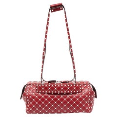 Used Valentino Red Leather Rockstud Spike Duffel Bag