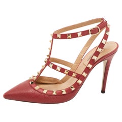 Valentino Red Leather Rockstud Strappy Pointed Toe Pumps Size 38