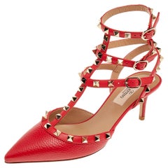 Valentino Red Leather Rockstud Strappy Sandals Size EU 38.5