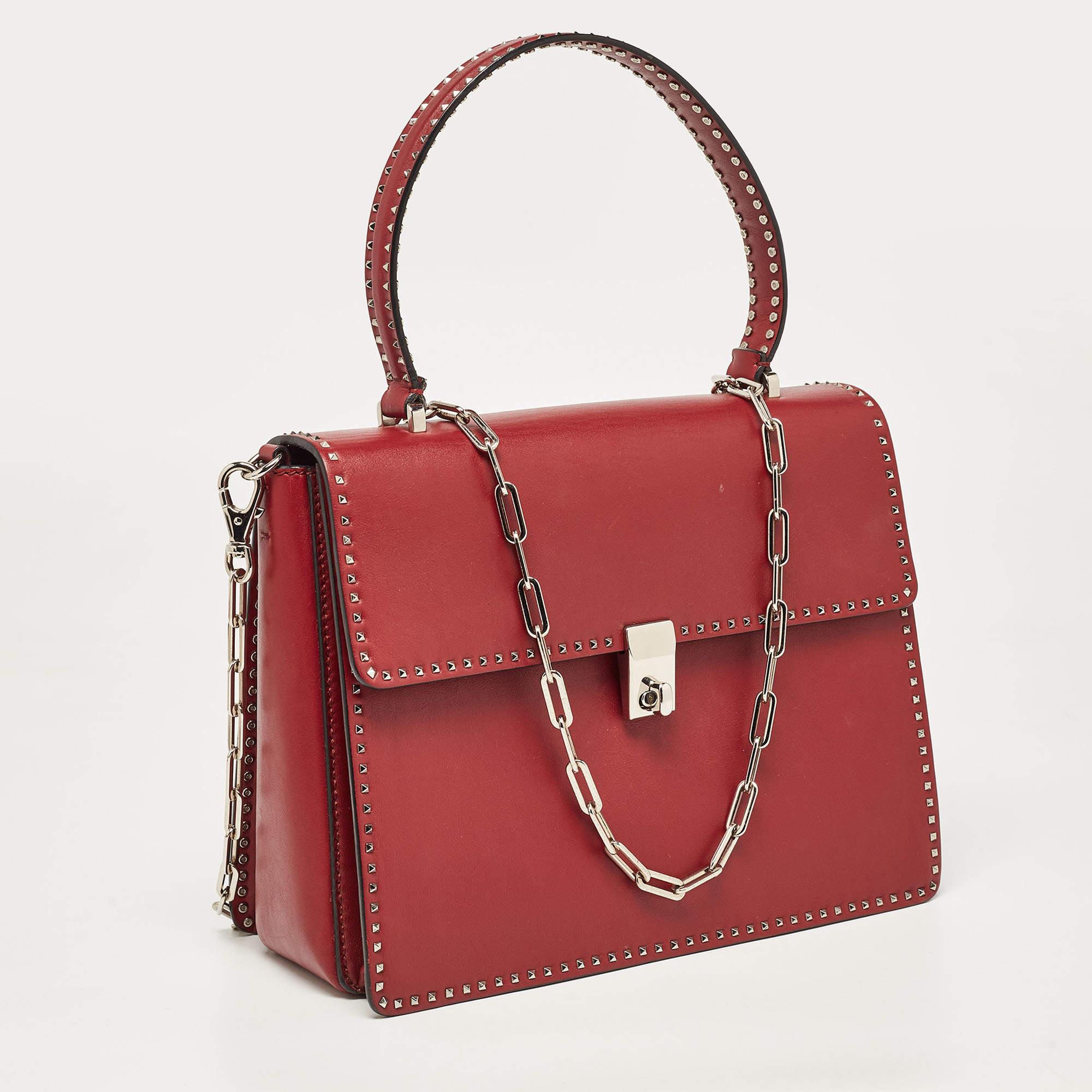 Valentino Red Leather Rockstud Top Handle Bag For Sale 9