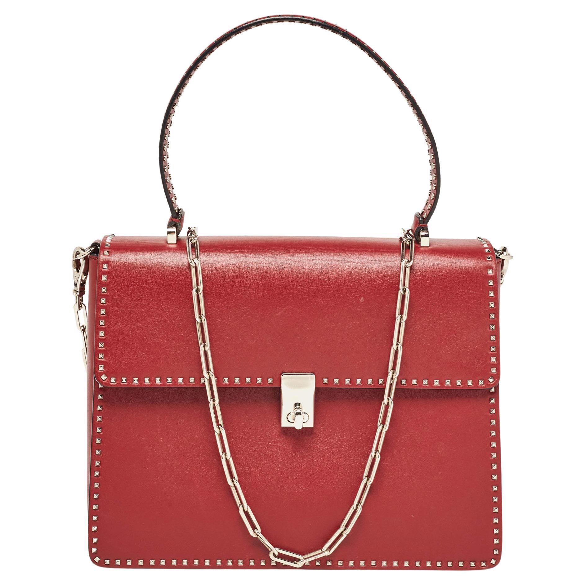Valentino Red Leather Rockstud Top Handle Bag For Sale